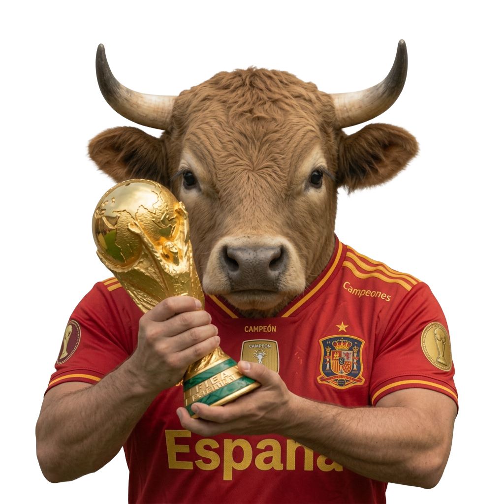 Bull-headed mascot in Spain shirt lifting the World Cup